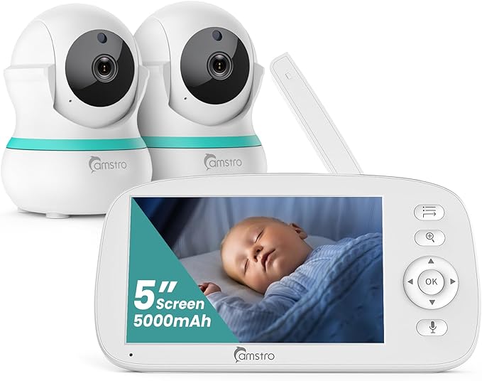 CAMSTRO Baby Monitor, 5" Screen & Camera, 5000mAh Battery, 355° Pan, 4X Digital Zoom, No Wi-Fi Needed, Two-Way Talk, Lullabies & Night Vision