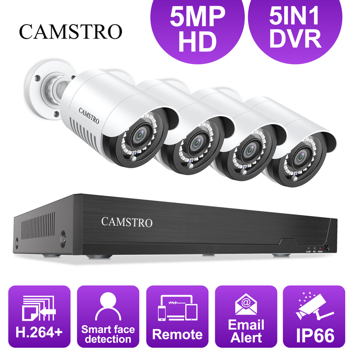 Camstro 4CH 5MP electric and electronic video surveillance installations, 4 x2560 TVL 5MP CCTV IP66 Cameras for Indoor Outdoor Use, Remote Access，Powerful 5-in-1 System
